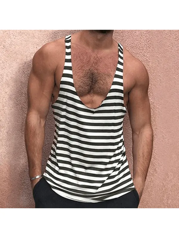 Men's Solid Color Deep V Neck Tank Top Casual Breathable Sweat Wicking Striped T-Shirt - Ootdmw.com 