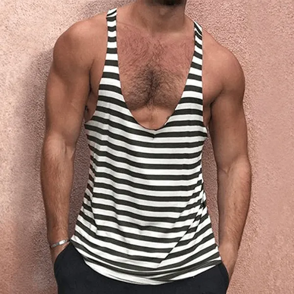 Men's Solid Color Deep V Neck Tank Top Casual Breathable Sweat Wicking Striped T-Shirt - Sanhive.com 