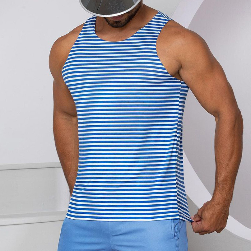 Summer Men's Navy Stripes Print Chic Tank Top Beach Casual Breathable Sleeveless Vest T-shirt