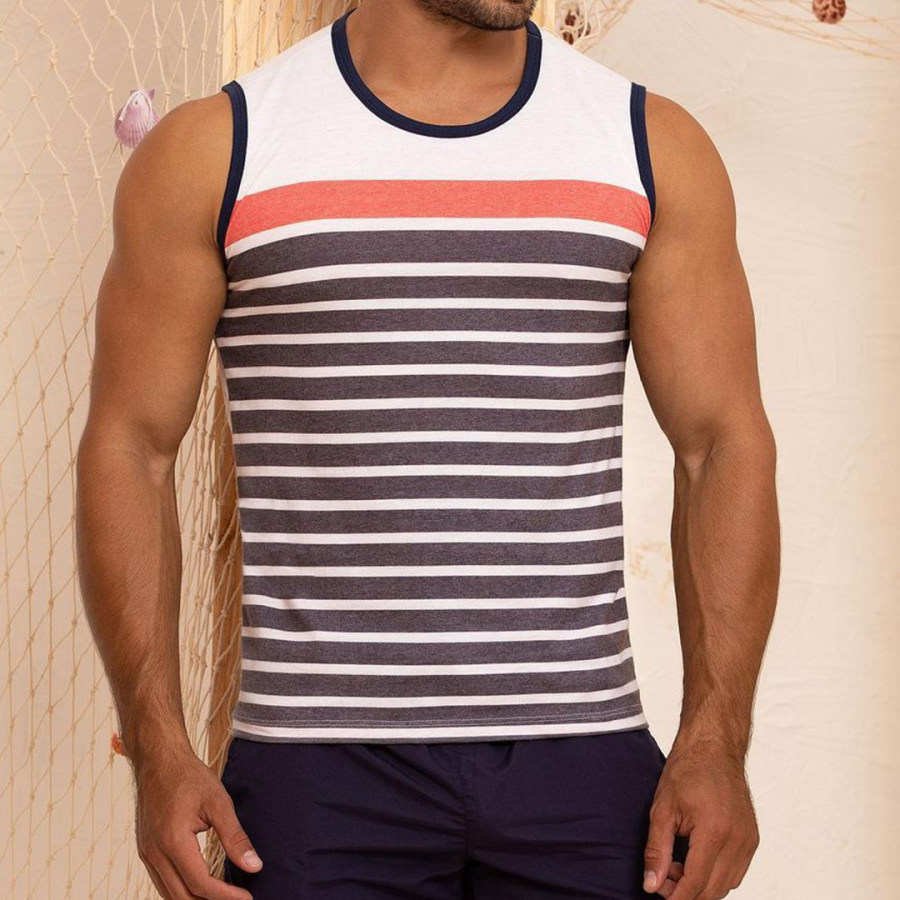 

Camiseta Masculina Verão Estampa Listrada Sem Manga Casual Respirável Camiseta