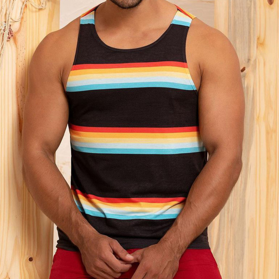 

Summer Men's Rainbow Stripes Print Tank Top Beach Casual Breathable Sleeveless Vest T-Shirt