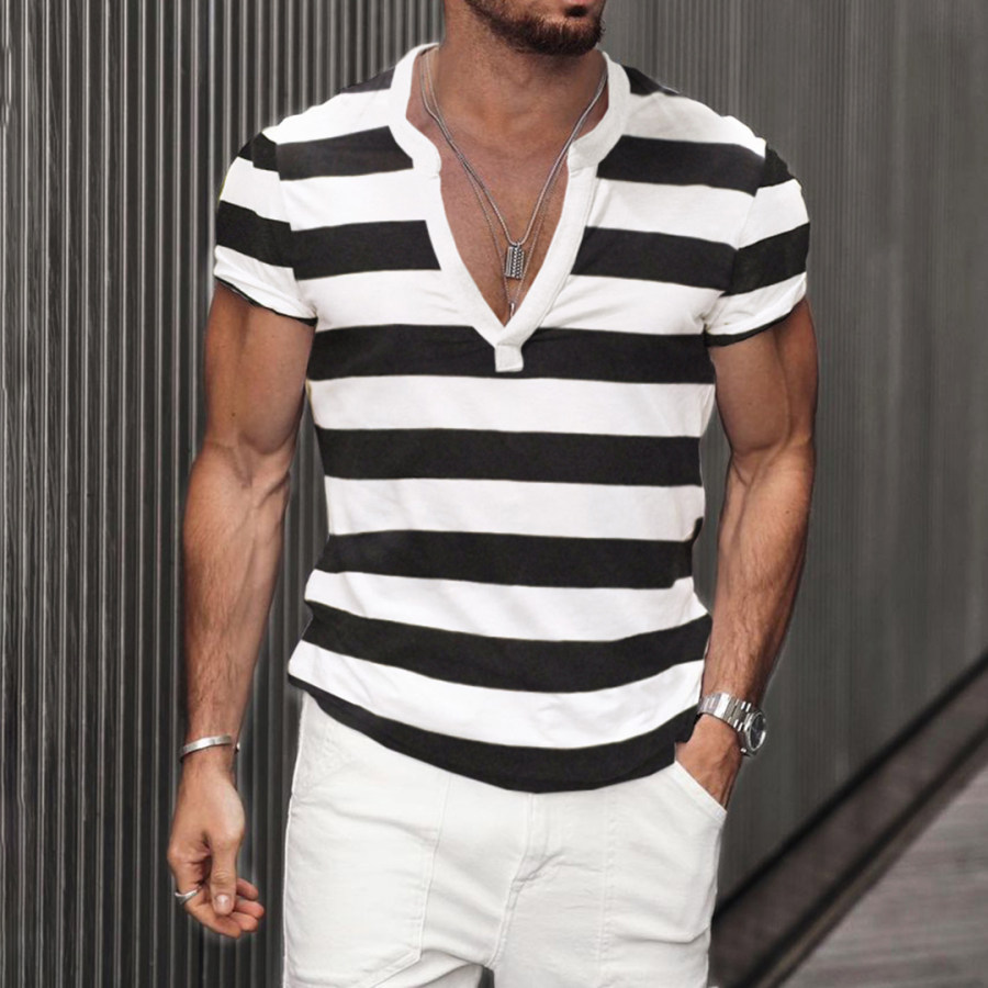 

Men's Retro Stripes T-Shirt Casual Breathable V-neck Top