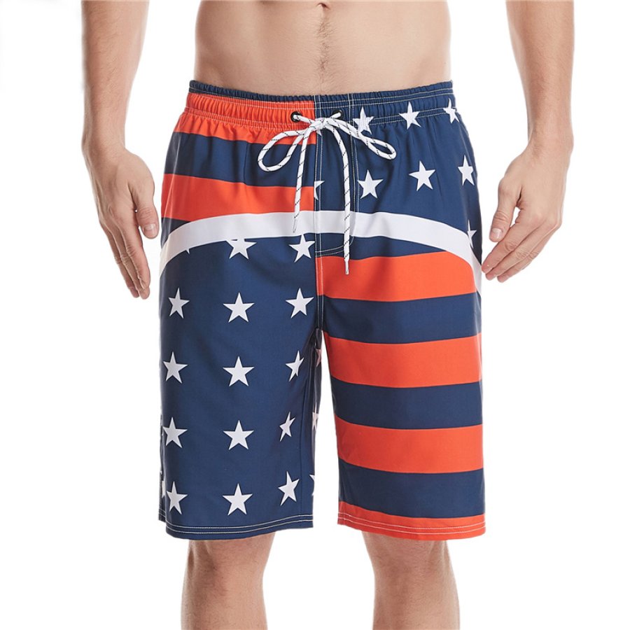 

Men's Multi Pocket Drawstring Flag Print Beach Shorts