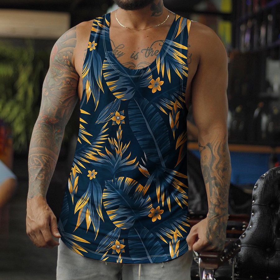 

Men's Casual Tropical Leaf Print Vest Seaside Beach Breathable Vest