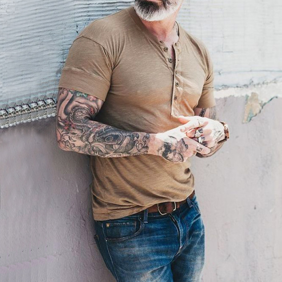 

Men's Solid Khaki Henley Collar Cotton T-Shirt