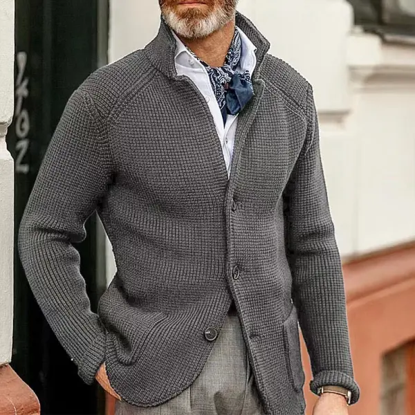 Men's Casual Stand Collar Thick Knit Suit Jacket - Blaroken.com 
