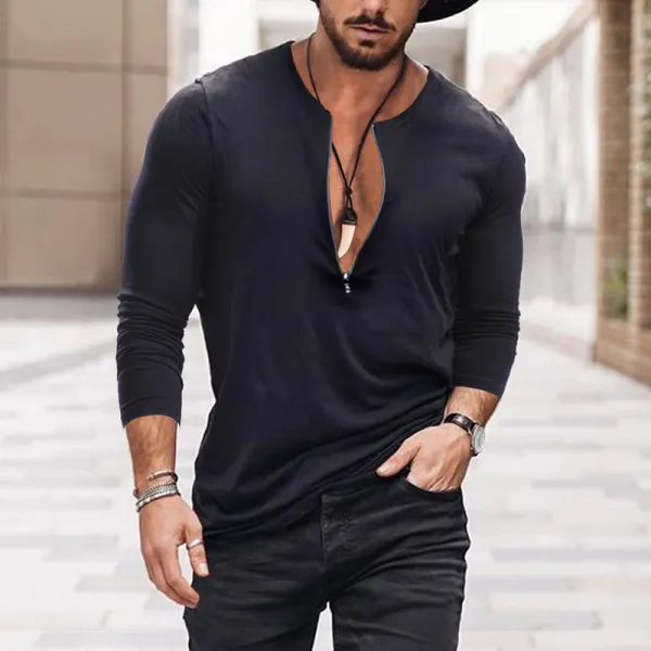 Men's Zip V-Neck Casual Long Sleeve T-Shirt - Fineyoyo.com 
