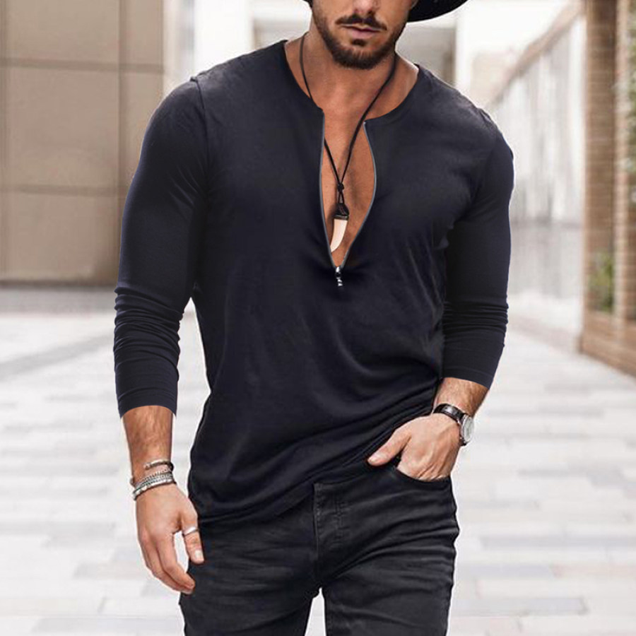 

Men's Zip V-Neck Casual Long Sleeve T-Shirt