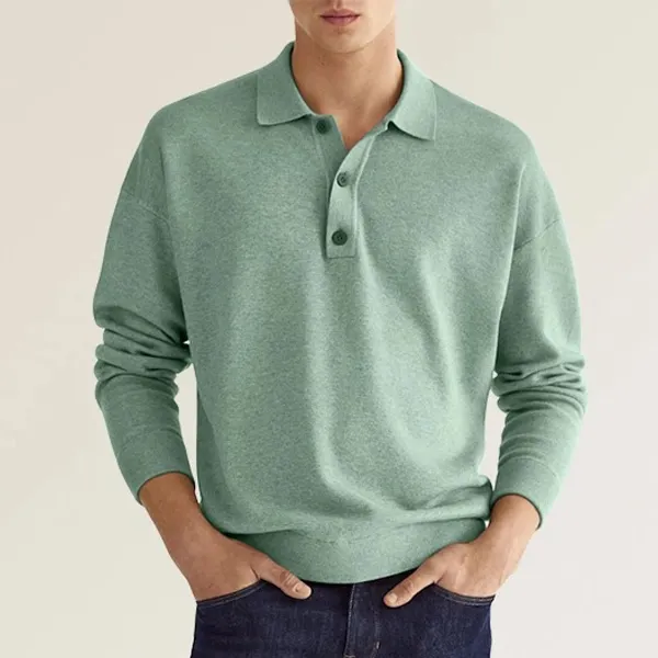 Men's Casual V-Neck Button Long Sleeve Polo Shirt Top - Menilyshop.com 