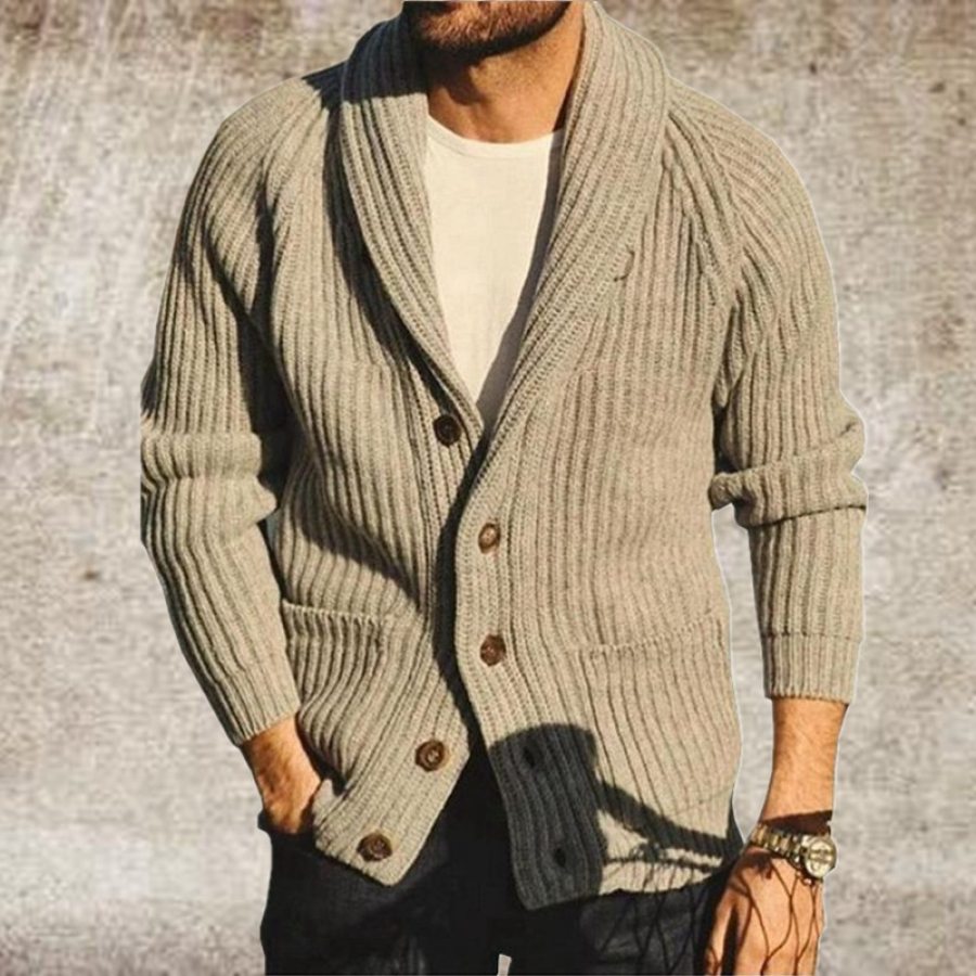 

Men's Casual Single Breasted Solid Color Lapel Long Sleeve Pit Strip Sweater Cardigan