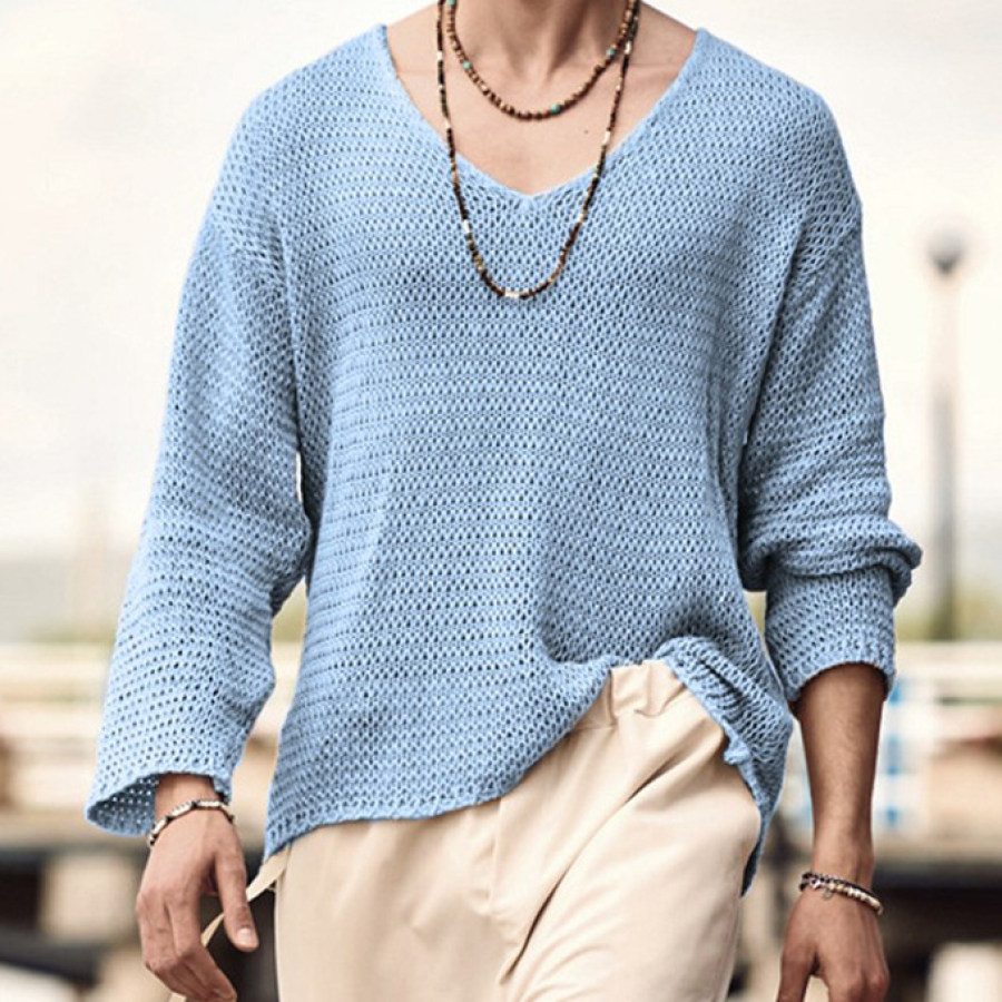 

Men's Fashion Casual Solid Color V-Neck Long Sleeve Knit Top
