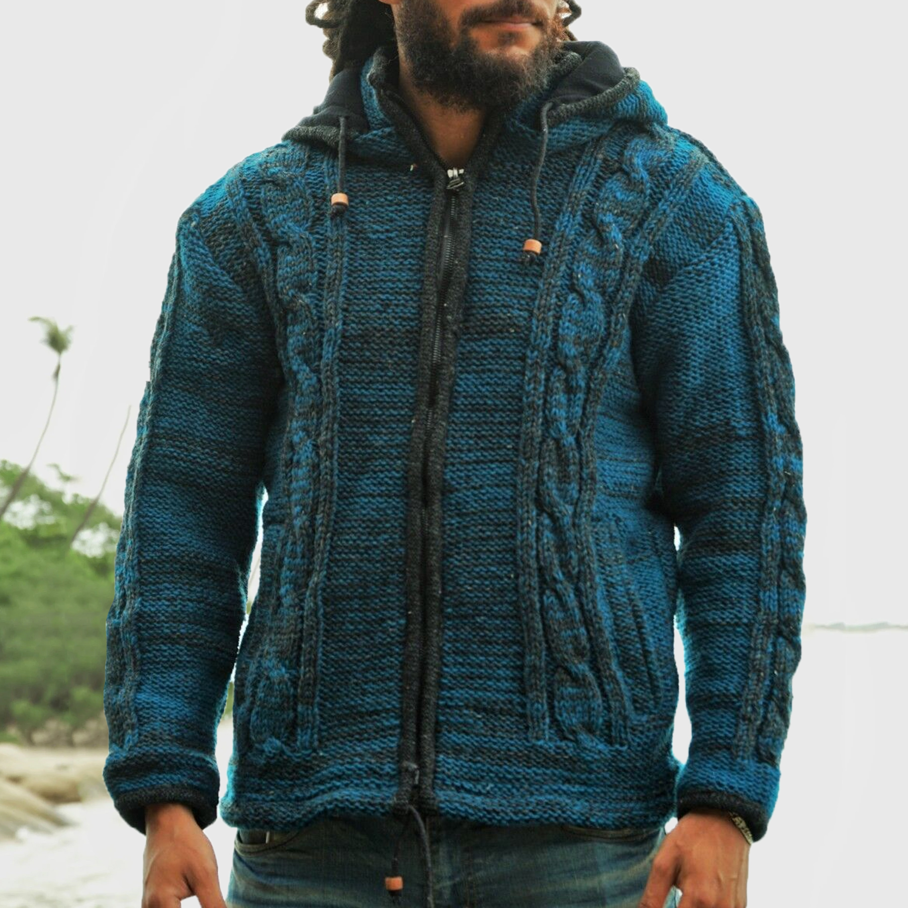 Men's Warm Hippie Teal Chic Grey Double Knitted Cardigan