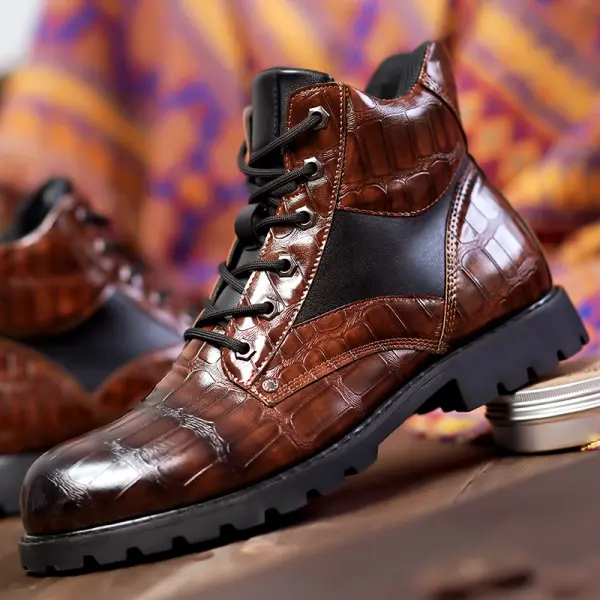 Men's Vintage Faux Crocodile Leather Mid-Top Martin Boots - Villagenice.com 
