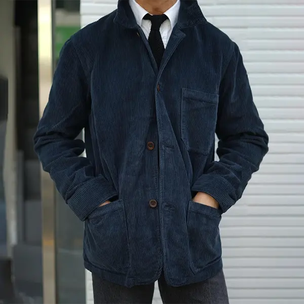 Men's Vintage Blue Simple Corduroy Casual Jacket - Fineyoyo.com 