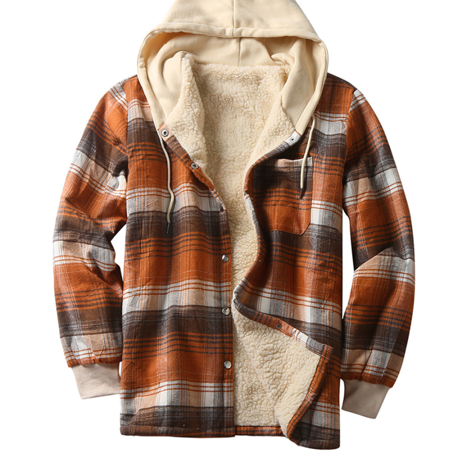 

Men's Outdoor Loose Fleece Plaid Hooded Jacket