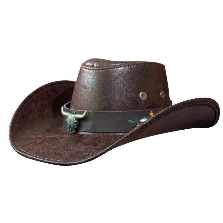 

Western Cowboy Ethnic Bull Head Embroidered Leather Hat