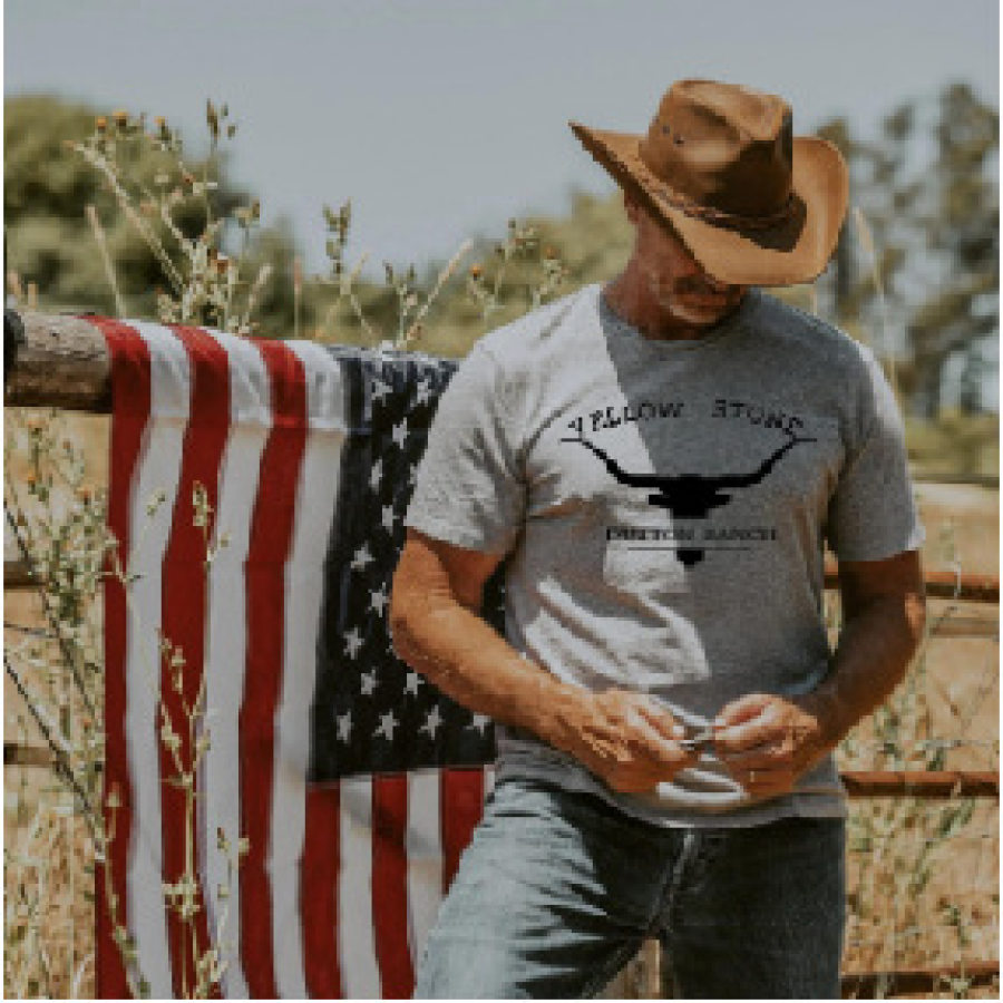 

Men's Western Yellowstone Print Round Neck Short Sleeve T-shirt