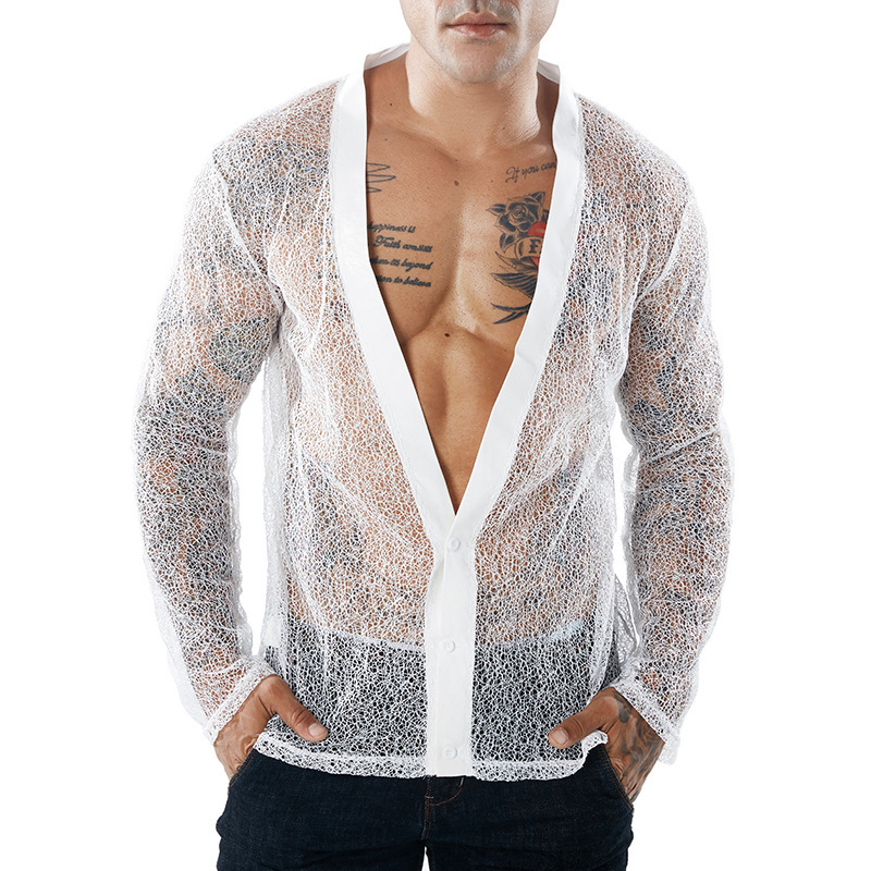 Men's Sexy Lace Nightclub V neck Shirt