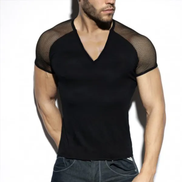 Personality Slim Stitching Fabric V-Neck T-Shirt - Fineyoyo.com 