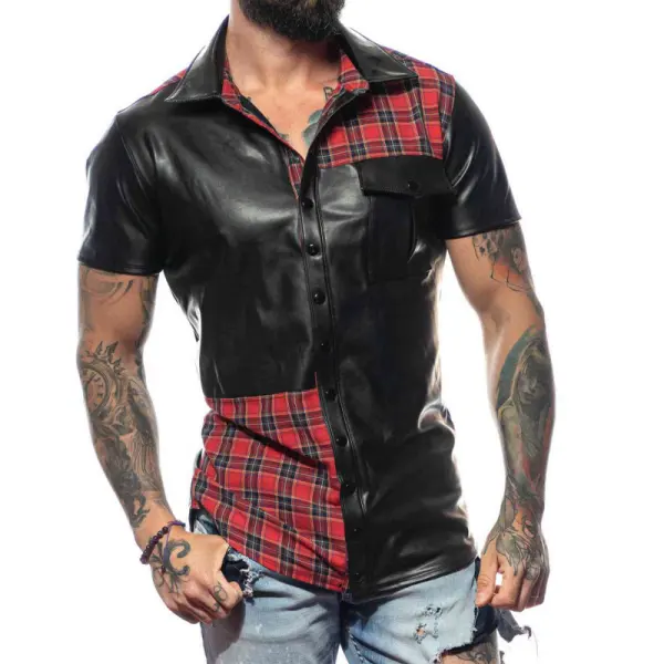Leather Check Panel Short Sleeve Shirt - Menilyshop.com 