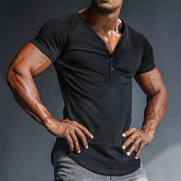 Men's Casual Slim Short Sleeve T-Shirt Sports Fitness Running Henley V Neck Top - Ootdyouth.com 