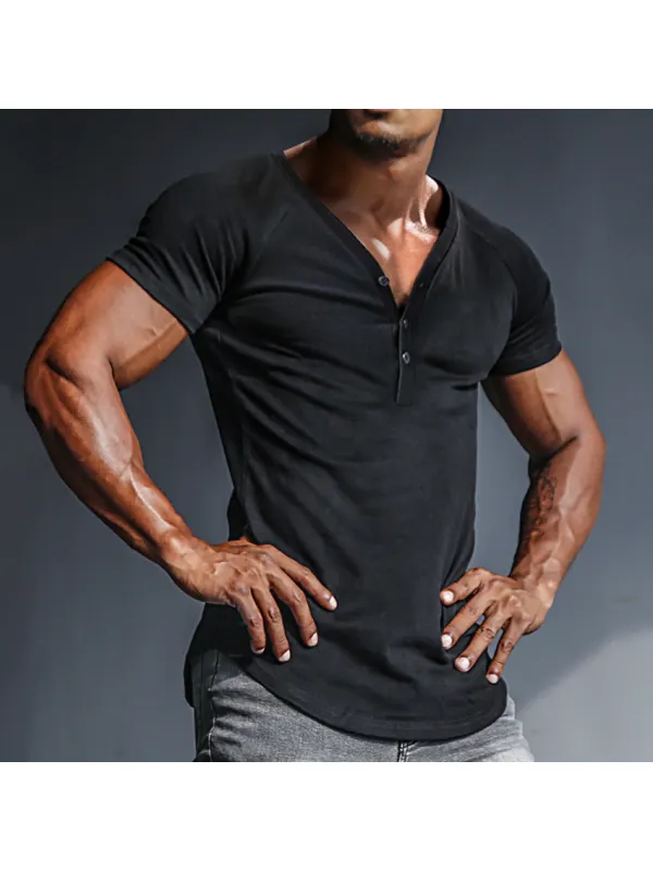 Men's Casual Slim Short Sleeve T-Shirt Sports Fitness Running Henley V Neck Top - Anrider.com 