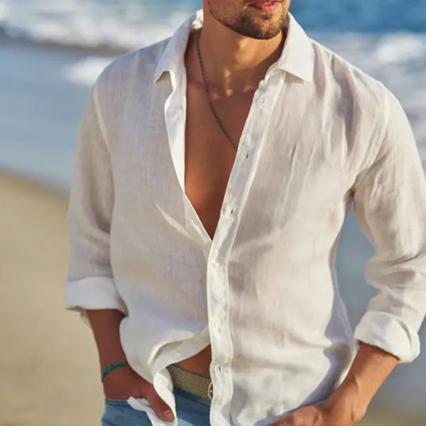 Men's Resort Style Solid Color Basic Fashion Loose Linen Shirt - Villagenice.com 