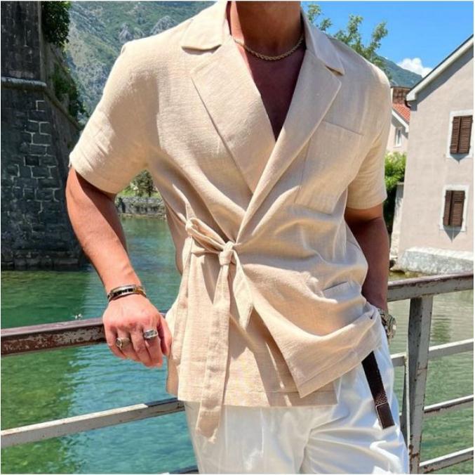 Mens Summer Cotton And Chic Linen Lace-up Shirt