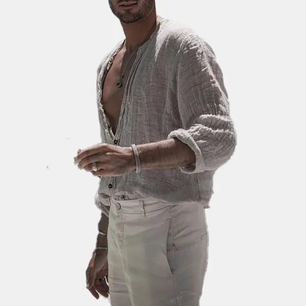 Men's Casual Loose Cotton Linen Solid Color Stand Collar Long Sleeve Shirt - Kalesafe.com 