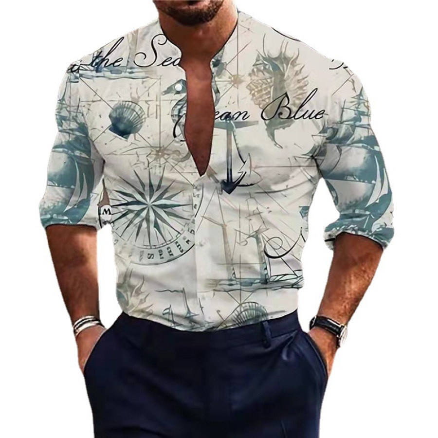 

Men's Casual Loose Cotton Linen Printed Long Sleeve Shirt