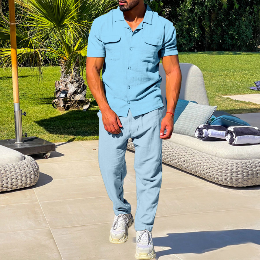 

Mens Cotton And Linen Short Sleeve Shirt And Casual Pants Suits