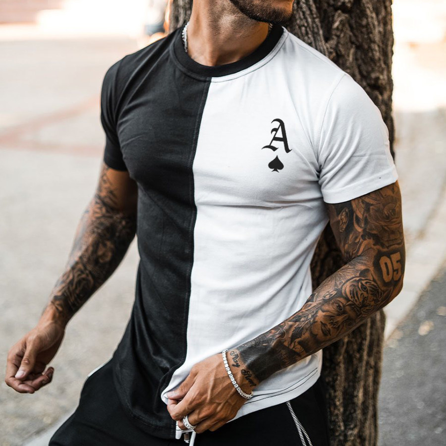 

Мужская мода Покер Черно-белая цветная печать Повседневная футболка с коротким рукавом