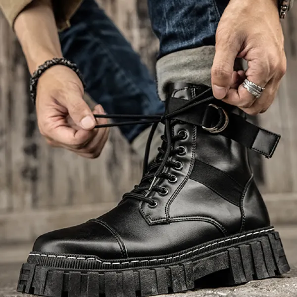 High-top Dark Functional Leather Boots - Villagenice.com 
