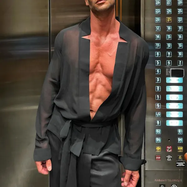 Star Collar Cardigan Long Sleeve Men's Sexy See-through Shirt - Menilyshop.com 