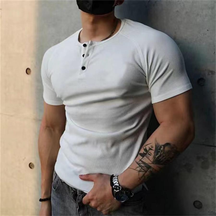 

Camisa Masculina Henley Pesada De Algodão 230 G Camiseta Masculina De Cor Lisa Retrô Verão Manga Curta Fitness