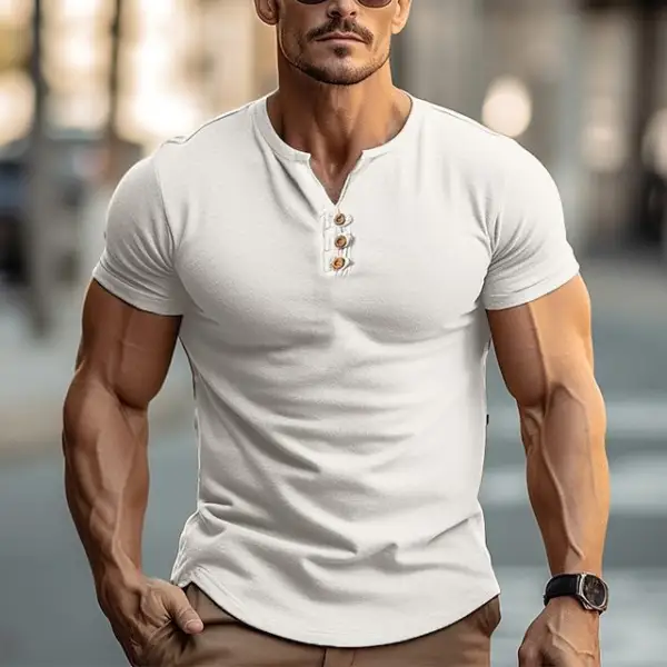 Men's Henley Shirt Cotton Casual Top Loose Fit Outdoor Street Vacation Short Sleeves Clothing Basic - Villagenice.com 
