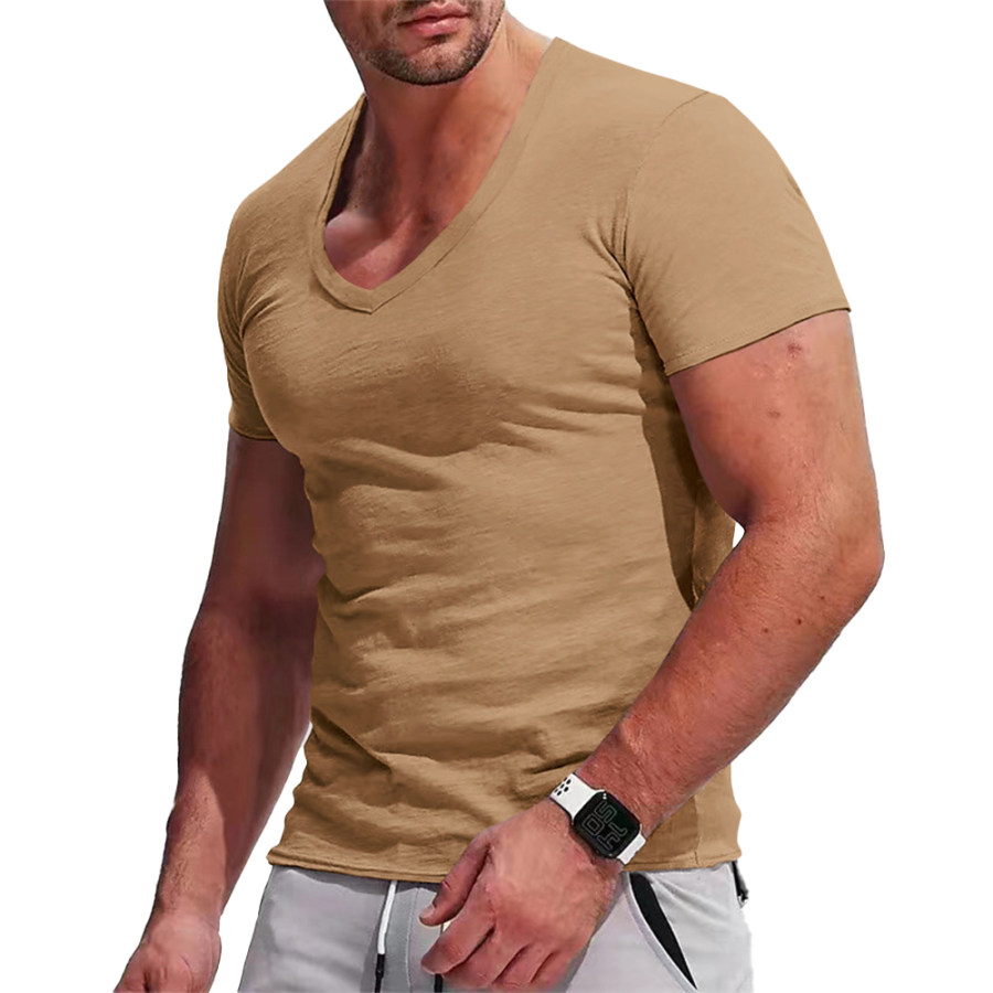 

Мужская однотонная облегающая тонкая повседневная футболка с V-образным вырезом топ с короткими рукавами