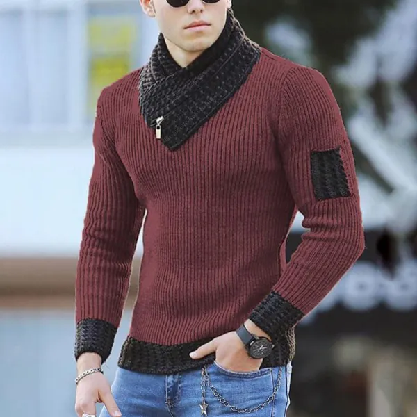Men's Casual Scarf Collar Knit Long Sleeve Sweater - Fineyoyo.com 
