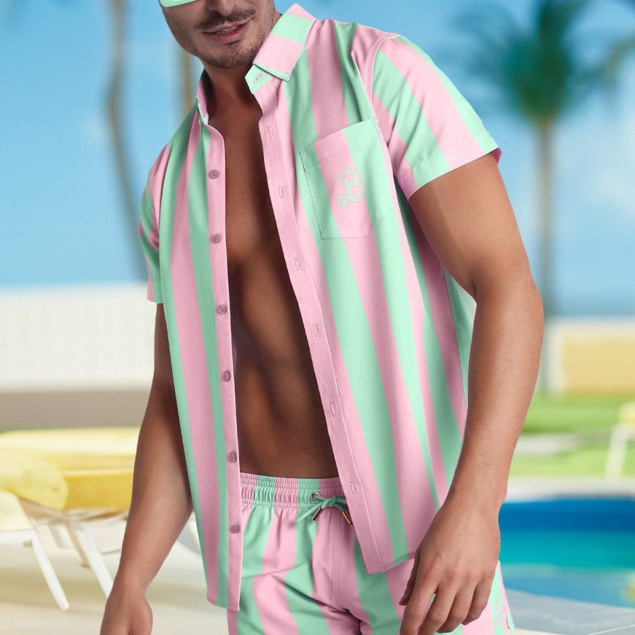 

Camisa Masculina Plus Size Manga Curta Hawaii Beach Rosa Barbie Listras Summer Daily Top Rosa