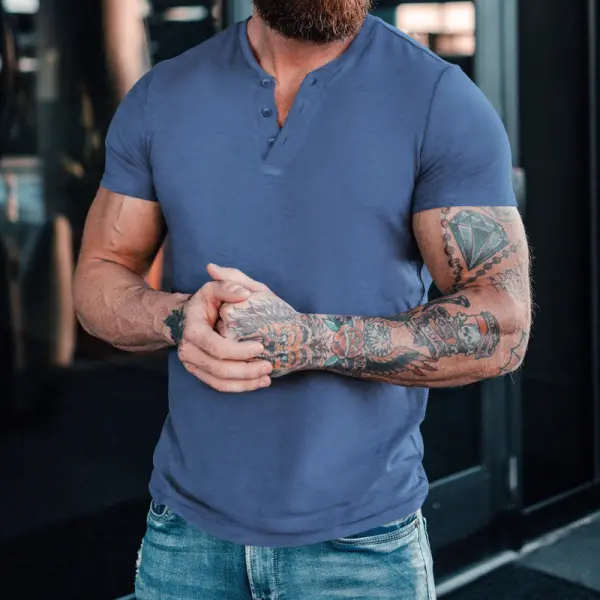 Men's Solid Vintage Henley Collar Casual T-Shirt - Kalesafe.com 