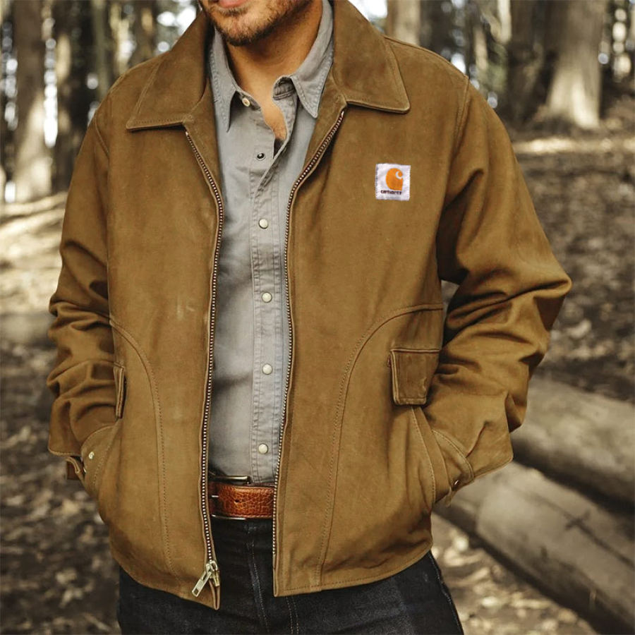 

Men's Full Zip Lapel Jacket Vintage Lining Panel Cargo Pockets Khaki