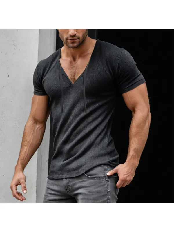 Men's Casual Lace-up V-neck Tight T-shirt - Ootdmw.com 