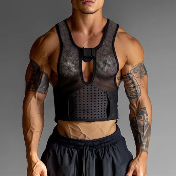 Men's Hollow Transparent Mesh Fitness Sleeve Tank Top - Yiyistories.com 