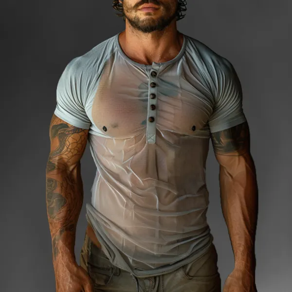 Men's Henley See-through Lightweight Plain T-Shirt - Yiyistories.com 