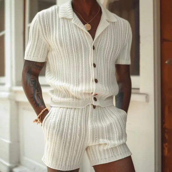 Textured Vertical Knitted Men's Short-sleeved Shirt And Shorts Two-piece Set - Menilyshop.com 