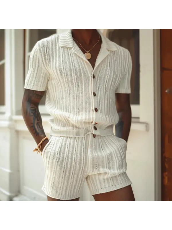 Textured Vertical Knitted Men's Short-sleeved Shirt And Shorts Two-piece Set - Ootdmw.com 