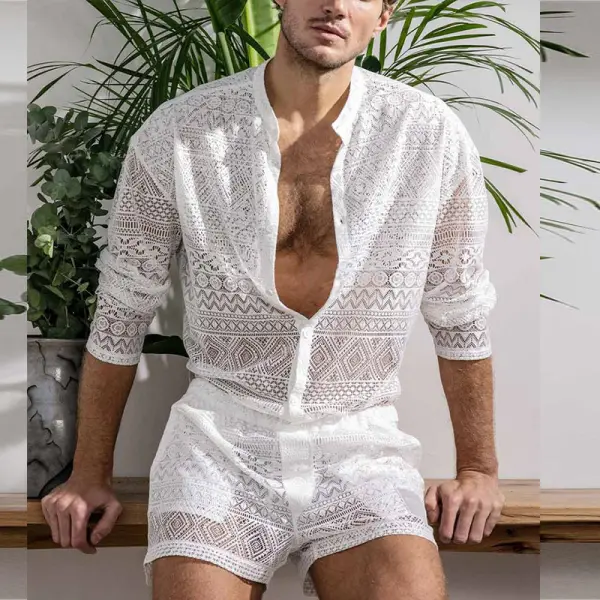 Hollow Lace Sexy Trendy Men's Shirt And Shorts Two-piece Set - Menilyshop.com 