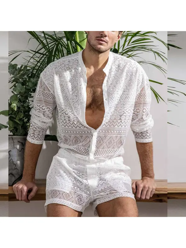 Hollow Lace Sexy Trendy Men's Shirt And Shorts Two-piece Set - Valiantlive.com 
