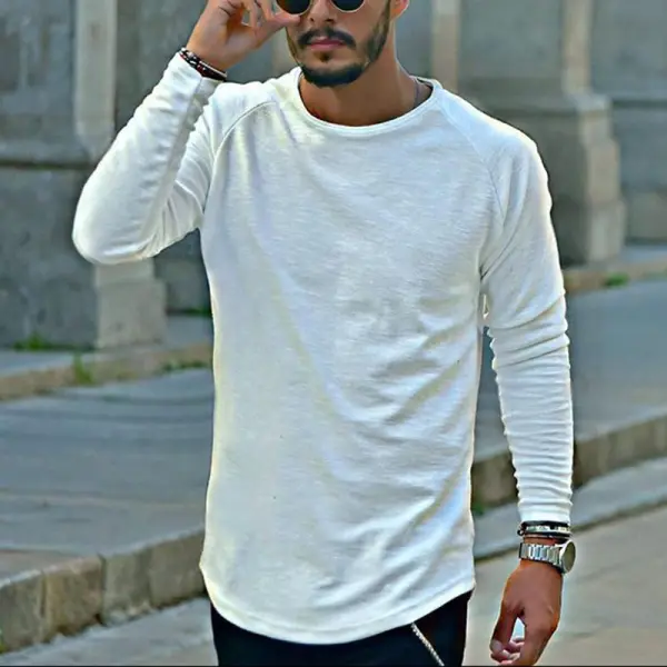 Male Fashion Solid Color Round Neck Long Sleeved T-shirt - Leanarea.chimpone.com 