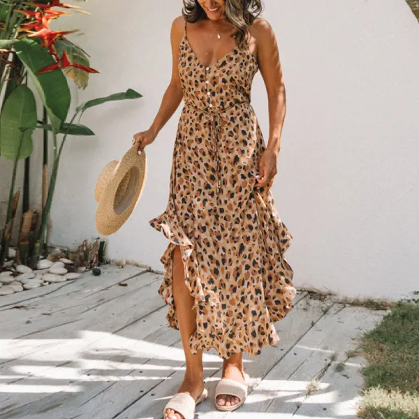 Leopard-print single-breasted ruffled open-back camisole dress - Leanarea.chimpone.com 